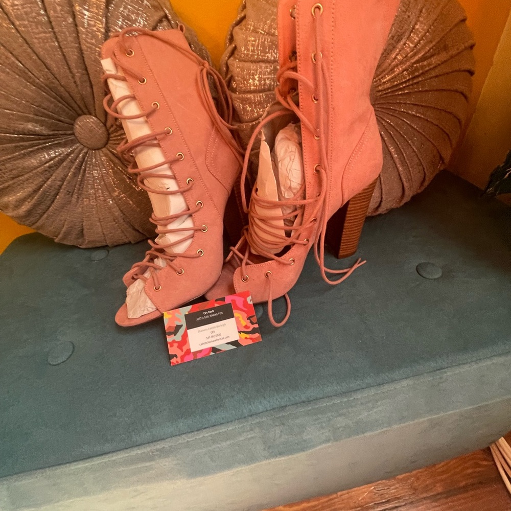Blush color tie up boots